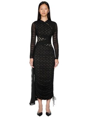 Marine Serre Black Crescent-Print Long Sleeve Ruched Midi Dress